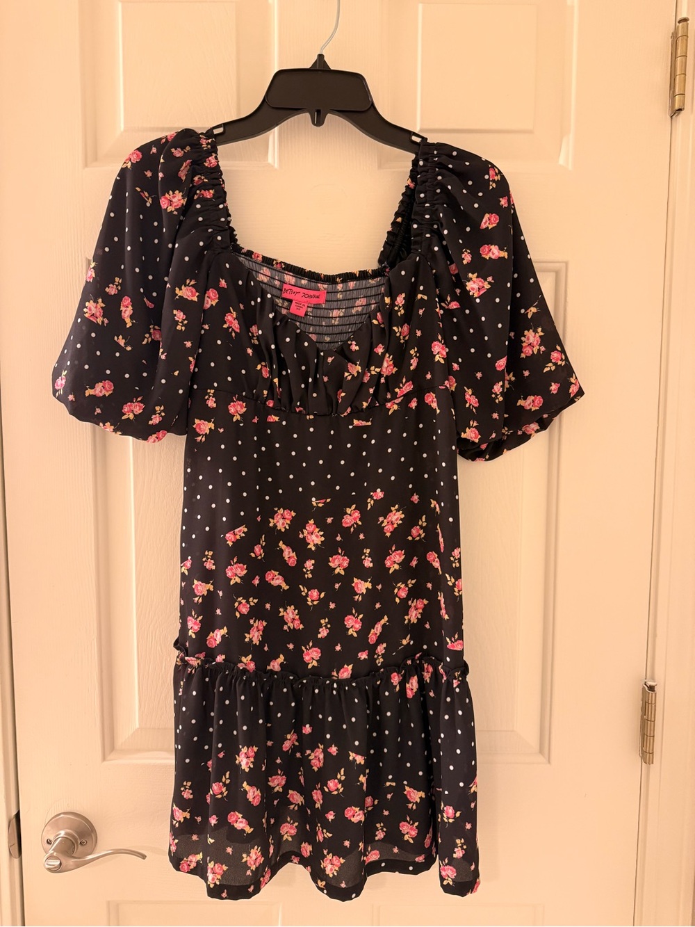 Betsey Johnson Black Mini Dress with Pink Floral & White Polka Dots